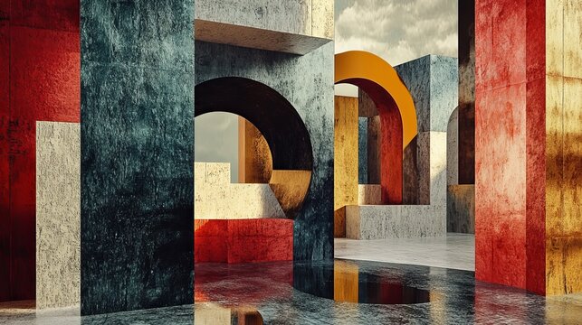 Abstract architecture with arches and blocks of color creating a surreal landscape scene