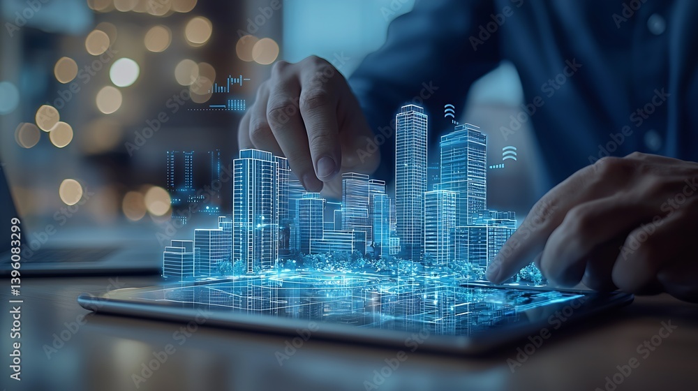 Poster close-up of a hand interacting with a digital city model on tablet in a modern office : generative a