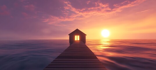 A peaceful wooden dock reaches the glowing sea, ending in a sunset-lit seaside cabin
