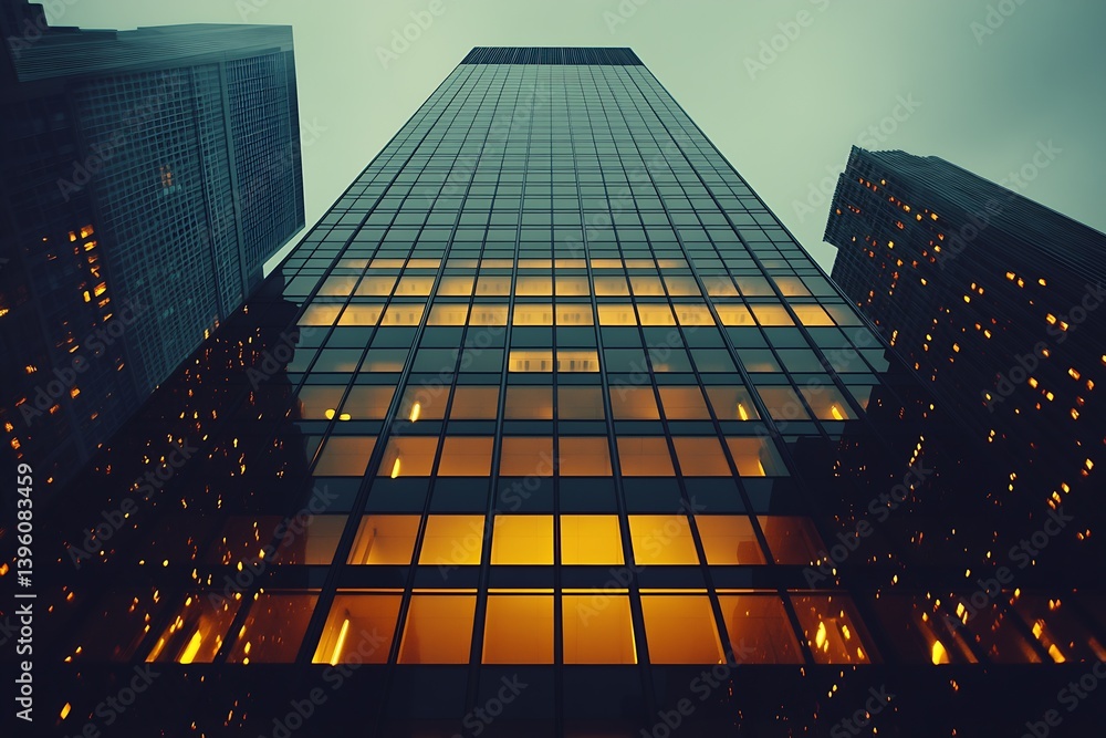Poster majestic tall building reflected in the glass surface at twilight : generative ai