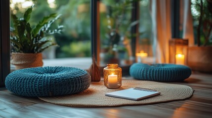 A quiet corner of a wellness retreat with meditation cushions, a notepad, and a candle symbolizing hope and clarity.