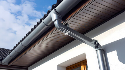 Naklejka premium Rain gutter system draining water from roof on sunny day