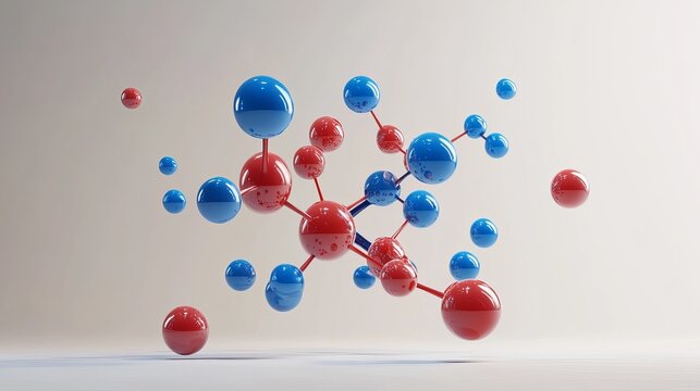 Abstract representation of a molecule with red and blue spheres connected by rods on white background