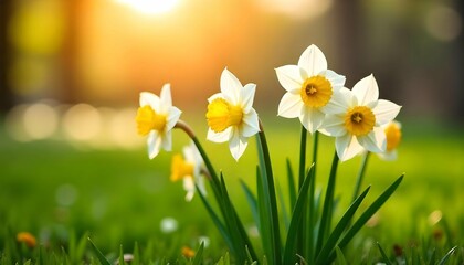 A group of white daffodils with yellow centers, growing in a field of green grass. The sun is shining brightly in the background, creating a warm and golden glow. The flowers are in full bloom, with t