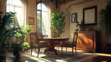 A stylish room featuring a wooden table and chairs, accented by houseplants.  Interior design elements create a pleasant atmosphere.
 