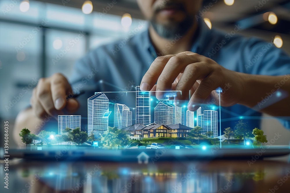 Aufkleber Professional architect designing a modern cityscape using augmented reality technology on a digital tablet : Generative AI