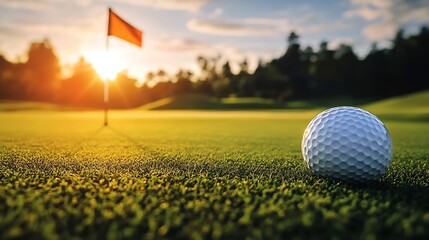 Obraz premium A focused shot of a golf ball on the green with a flag and sunset illuminating the background : Generative AI