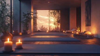 A candle-lit meditation space with a soft yoga mat and a peaceful atmosphere.