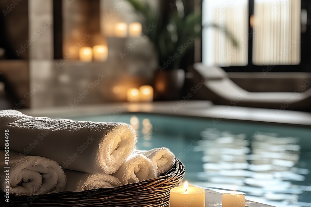 Poster Elegant spa ambiance featuring plush towels and flickering candles beside a calming pool : Generative AI