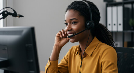 A radiant customer service representative provides exceptional support, offering a friendly and helpful experience with a warm smile in a professional office setting.