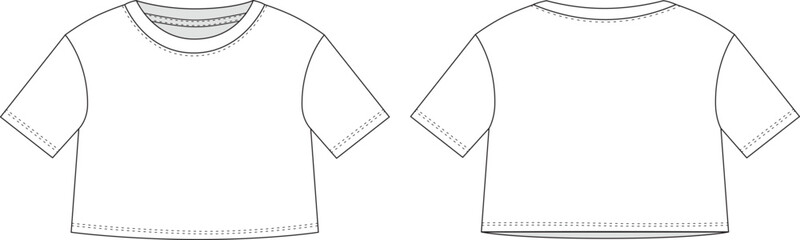 Editable flat sketch of a short-sleeved crop top with a crew neck. Includes front and back views. For fashion design, tech packs, and garment development.