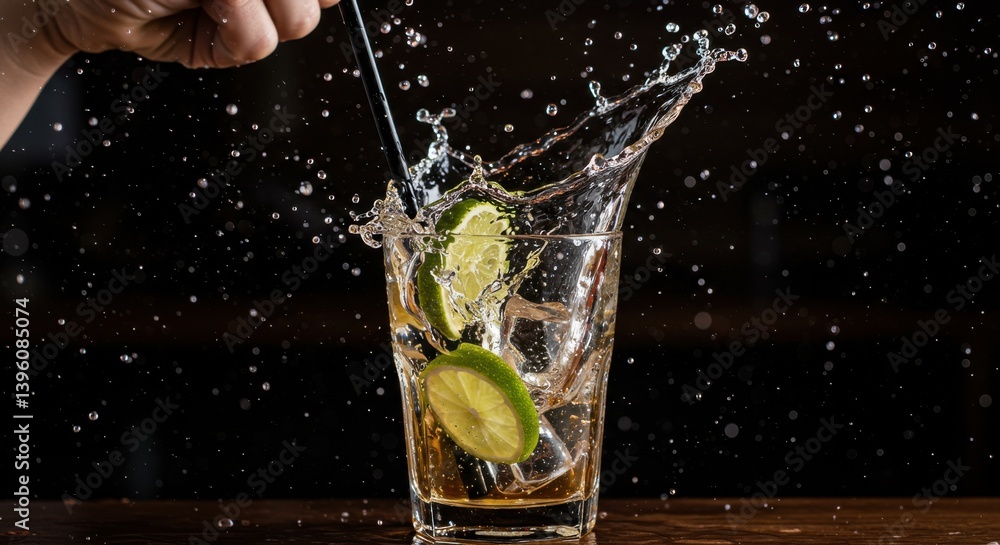 Poster a hand squeezing lime into a glass with liquid and lime slices creating a splash against black backd