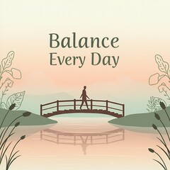 Balance Every Day quote with person walking on bridge at sunset