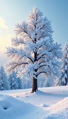 Majestic snow-draped tree, soft winter light, ethereal landscape, ambient, photography, snowy tree