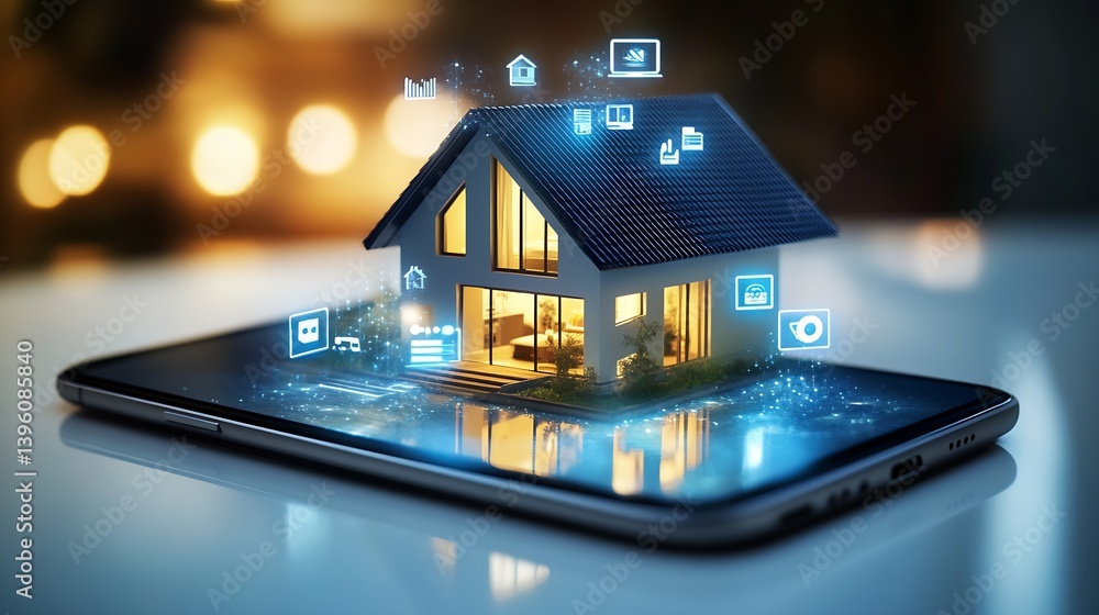 Poster Advanced smart home technology showcased on a mobile device with interactive digital elements : Generative AI