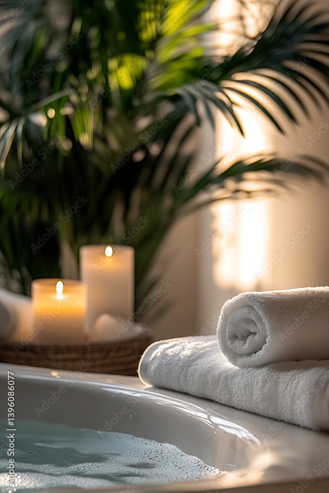 Poster serene spa scene featuring a cozy bath setup with candles and fluffy towels promoting relaxation and