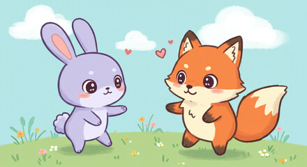 A sweet bunny and fox meeting in a sunny meadow, sharing a tender moment of friendship, depicted in a charming pastel-colored illustration.