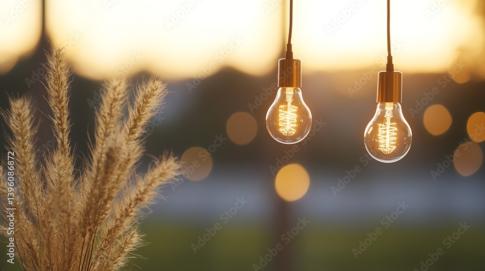 Poster two elegant light bulbs illuminated against a scenic sunset background featuring soft bokeh effects 