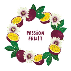 Passion fruit wreath with blossoms and leaves. Botanical composition in purple, yellow and green colors on a white background. Exotic plant with hand written. Cartoon vector design for card, banner.