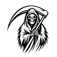 Grim Reaper Black Silhouette Holding Scythe Death Symbol Isolated on White Background
