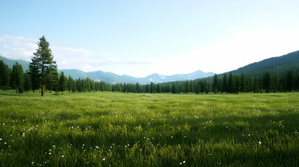 Scenic Meadow Landscape With Trees And Mountains