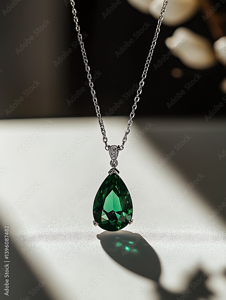 Aufkleber artistic shot of a pear-shaped green emerald pendant necklace emphasizing its intricate design and s