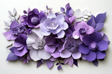 Collection of purple and white paper flowers with green leaves