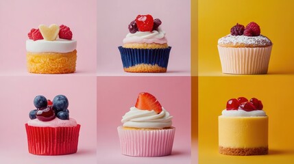 Assorted gourmet cupcakes displayed on a colorful background