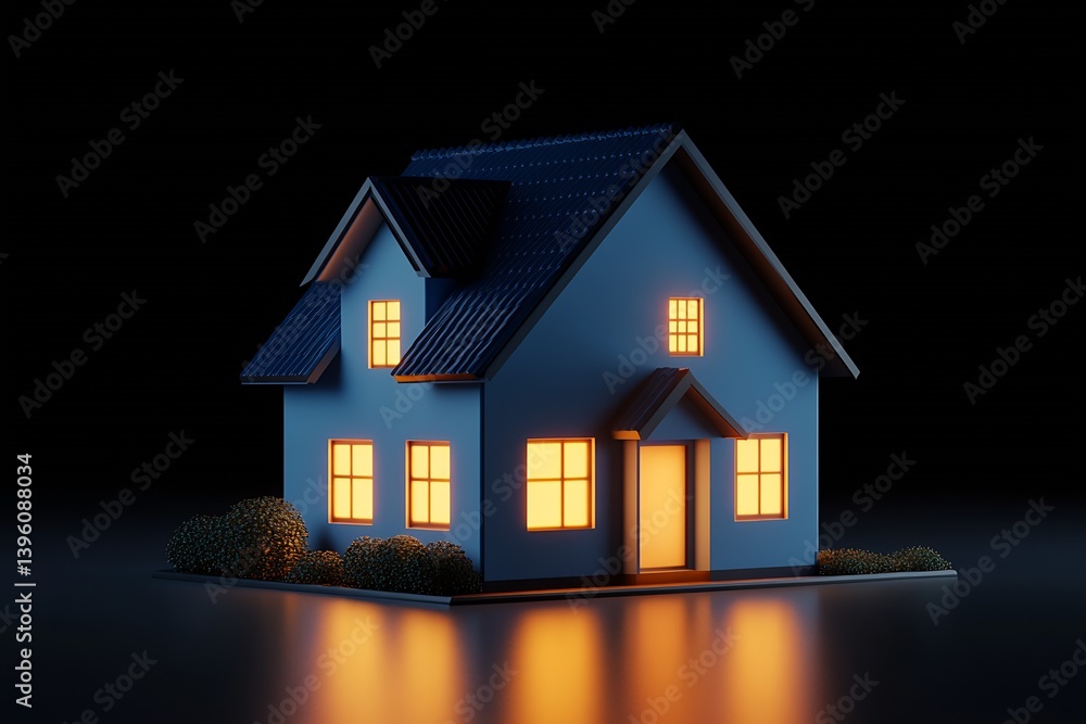 Aufkleber stylish blue house with warm orange lights illuminating its windows in a serene nighttime setting : 