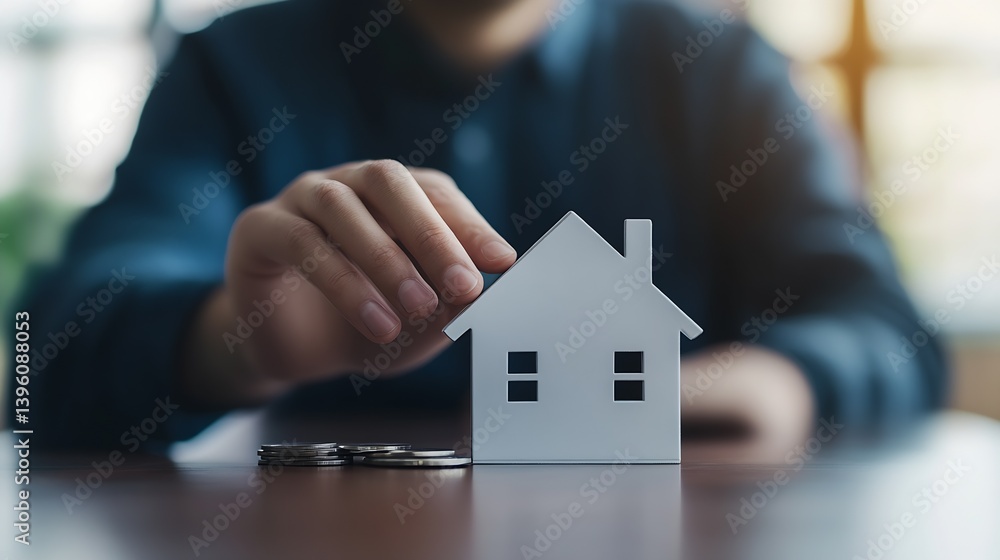 Poster visual representation of financial investment in real estate with coins and house model in focus : g