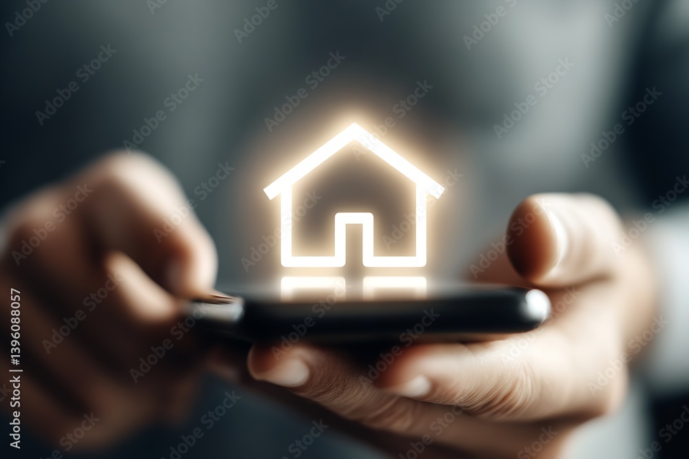 Poster minimalistic close-up of hands holding a smartphone with a bright house icon representing real estat