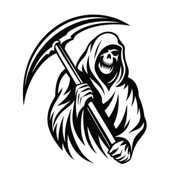 recommend clip art: Grim Reaper Mascot Black & White, Hooded Skeleton Holding Scythe Design