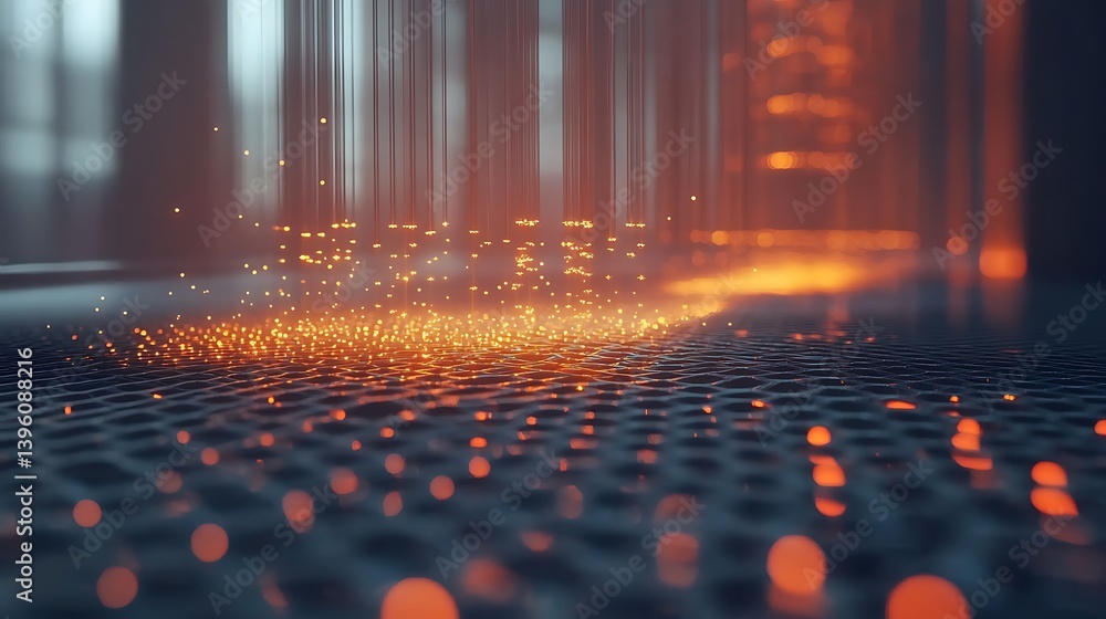 Poster abstract representation of sparks and glowing light particles scattered across a textured surface, c
