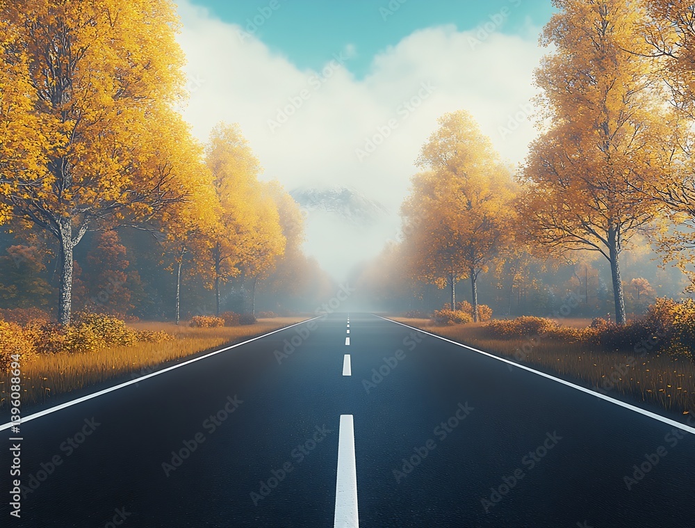 Aufkleber Charming Autumn Road Surrounded by Colorful Trees and Soft Mountain Backdrop in Fog : Generative AI