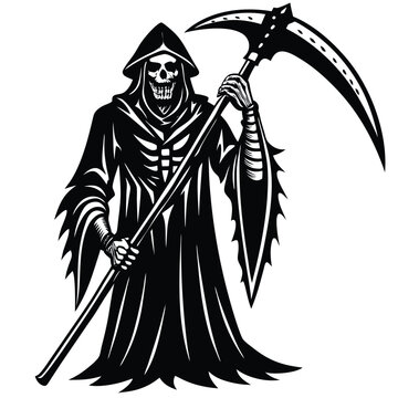 recommend clip art: Grim Reaper Silhouette Hooded Death Figure Holding Scythe in Black and White Imagery