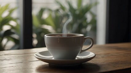 Obraz premium minimal white coffee cup on rustic wooden table with soft natural morning light from nearby window