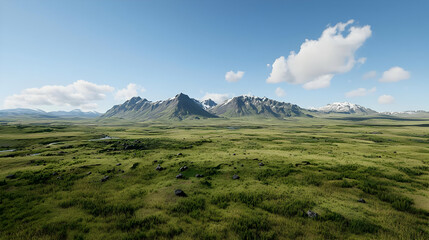 Fototapeta premium Vast Green Valley Landscape Under Sunny Sky With Distant Mountains