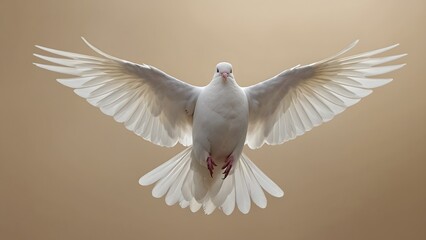 Fototapeta premium white dove flying with wings fully spread on soft beige background in mid-air