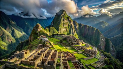 Majestic Machu Picchu Valley Panorama: Aerial View of Ancient Inca City Ruins