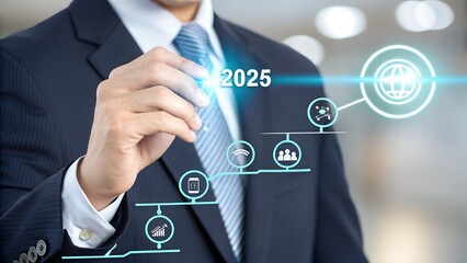 2025 New Year Business Goals Concept. Businessmen point to "2025" on a staircase, steps toward achieving business goals, growth, and success in the new year. Planning and challenge, investors target