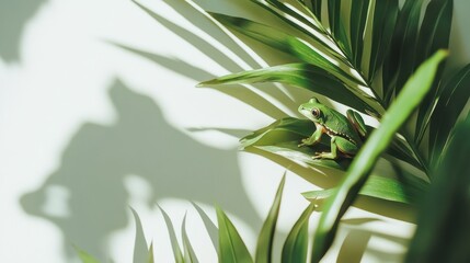 Fototapeta premium Green frog on palm leaves, sunlit background, minimalist design, nature