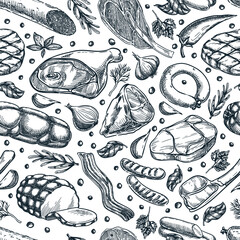 Meat products seamless pattern. Vector sketch illustration of salami, ham, sausages. Butcher shop design elements