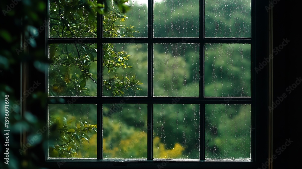 Fototapete rainy window view showcasing lush greenery outside creating a serene and tranquil atmosphere : gener