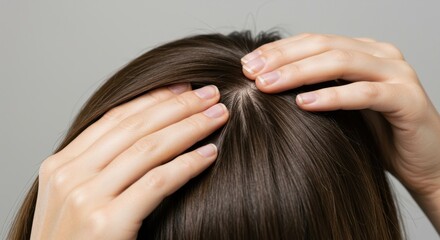 Obraz premium A person touching their dark brown hair with both hands in a grooming or styling manner close up view