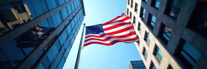 Patriotic flag between skyscrapers, low angle view , metropolis, steel