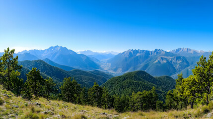 Fototapeta premium Panoramic Mountain Range Landscape With Forest