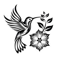 Hummingbird Silhouette with Flower Detailed Black Bird, Elegant, Floral Arrangement