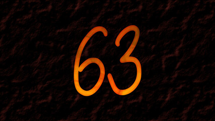 3D fire text effect of number 63 on dark background.	