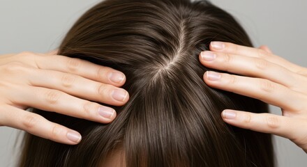 Obraz premium Close up of a person's hands parting their dark hair to reveal the scalp against a plain background view