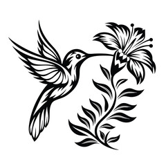 Hummingbird Silhouette Flying Near Flower, Black & White Floral Design, Elegant Minimalist